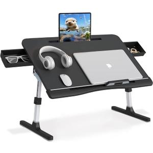 Bed Desk for Laptop, Adjustable Lap Desk with 2 Storage Drawers, Premium PVC Leather, Foldable Laptop Table for Eating, Working, Writing and Drawing (X-Large (15.7"*23.6"-1 slot), Black)