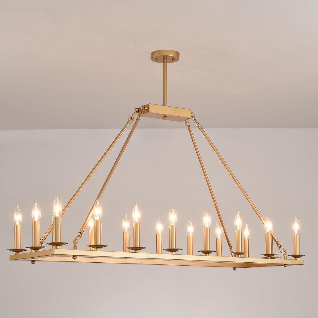 QJMPP Gold Dining Room Light Fixture,Rectangular Chandelier,Rectangle Chandeliers for Dining Room,Farmhouse Antique Light Fixtures for Kitchen Island(48-Inch 18-Light)
