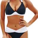 Yonique Women Two Piece Bathing Suits Push Up Bikini Set Halter Swimsuit Vintage Swimwear (Large, Black and White)