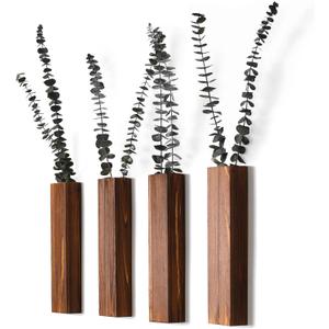 Wooden Wall Planter Set of 4 - Modern Home Decor for Living Room, Bedroom, Bathroom - Walnut Finish Planter for Dried Flowers, Faux Greenery, Indoor Plants