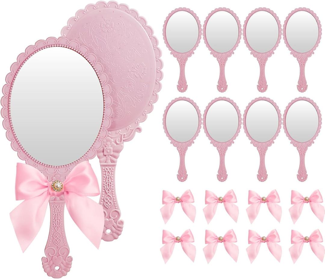 Wesiti 8 Pcs Vintage Handheld Mirrors Embossed Flower Princess Mirror with Bow Makeup Cosmetic Glass with Handle for Wedding Party Favors(Pink)