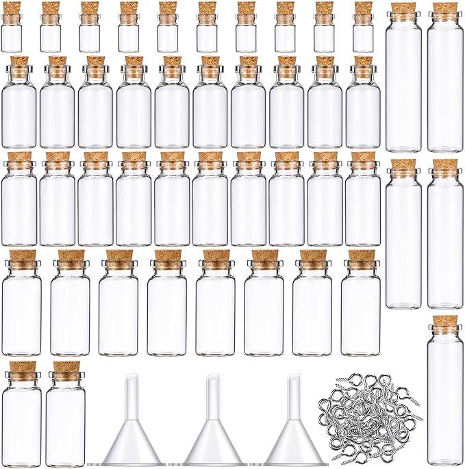 Sherli 45 Pcs Small Mini Glass Bottles with Cork Stoppers Small Glass Jars with Lids Tiny Spell Jars with 50 Eye Screws and 3 Funnels for DIY Art Craft(0.5ml, 2ml, 5ml, 10ml, 20ml)