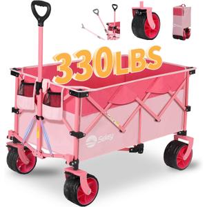 Sekey 220L Collapsible Foldable Wagon with 330lbs Weight Capacity, Heavy Duty Folding Utility Garden Cart with Big All-Terrain Beach Wheels & Drink Holders.Pink