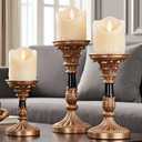 Resin Pillar Candle Holders Set of 3  an Antique Gold Frame with Engraved Decorations (9", 7.5", 6") with 3.1" Tray & Velvet Anti-Slip Base for Table Centerpiece and Fireplace Mantel Decor (Retro Style)