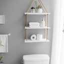 Mkono Hanging Shelves 3 Tier White Wood Wall Mount Floating Shelf with Rope Boho Decor for Living Room Bathroom Bedroom Kitchen Apartment - Rustic Wood Decorative Storage Shelf