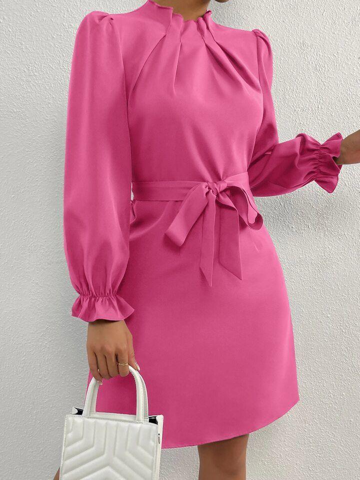 Women's Long Puff Sleeve Mock Neck Ruched Dress Tie Front Fitted Short Dresses, Pink, M
