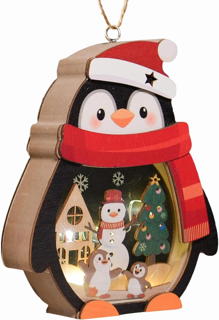 Penguin Christmas Ornament, Christmas Ornaments 2025 for Tree, Light Up Wooden Penguin Snowman, Hanging Christmas Ornaments for Indoor Outdoor, Luminous Holiday Decor, Wooden X-mas Ornament Gifts