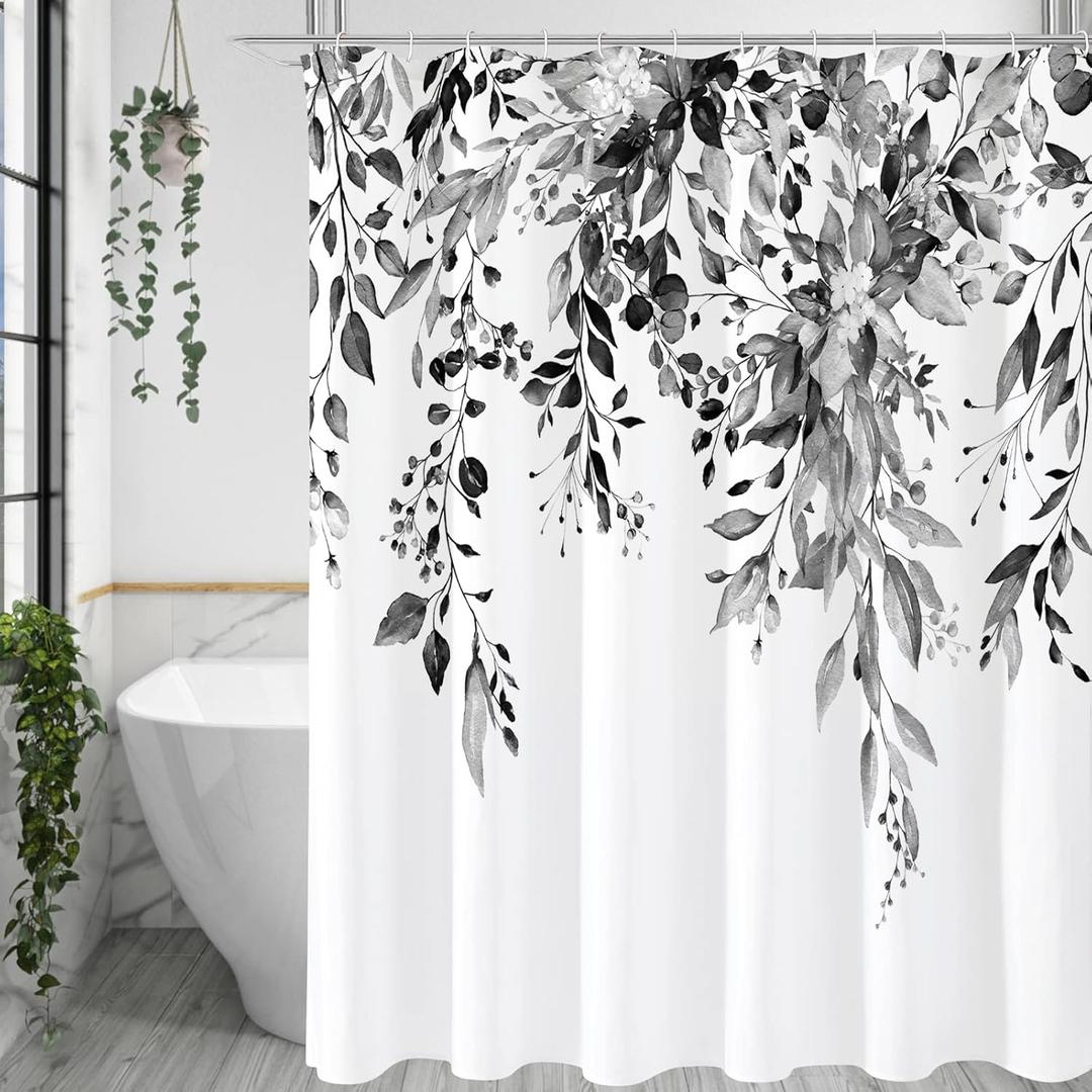 Gibelle Long Shower Curtain 72 x 78, Black and White Floral Shower Curtain, Watercolor Plant Eucalyptus Leaves Fabric Shower Curtain Set