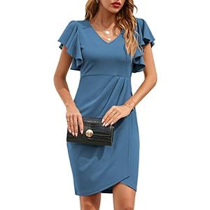 IHOT Women's V Neck Ruffle Sleeve Bodycon Sheath Wrap Ruched Casual Cocktail Party Work Dresses, M