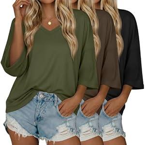 Huukeay 3 Pack Women's 3/ 4 Sleeve Cotton V Neck Loose Fit Tees Baggy Rolled Cuff Drop Shoulder Tops Casual Gym Shirts(X-Large, Black, Brown, Army Green)