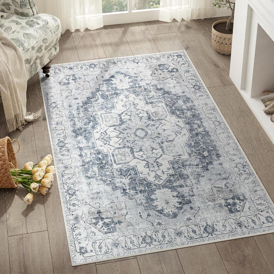 jinchan Area Rug 3x5 Washable Entryway Rug Vintage Indoor Doormat Distressed Thin Mat Lightweight Non-Slip Stain Resistant Low Pile Carpet for Kitchen Living Room Bedroom Dining Room Office Grey (3' x 5' (Light Weight), Medallion Grey)