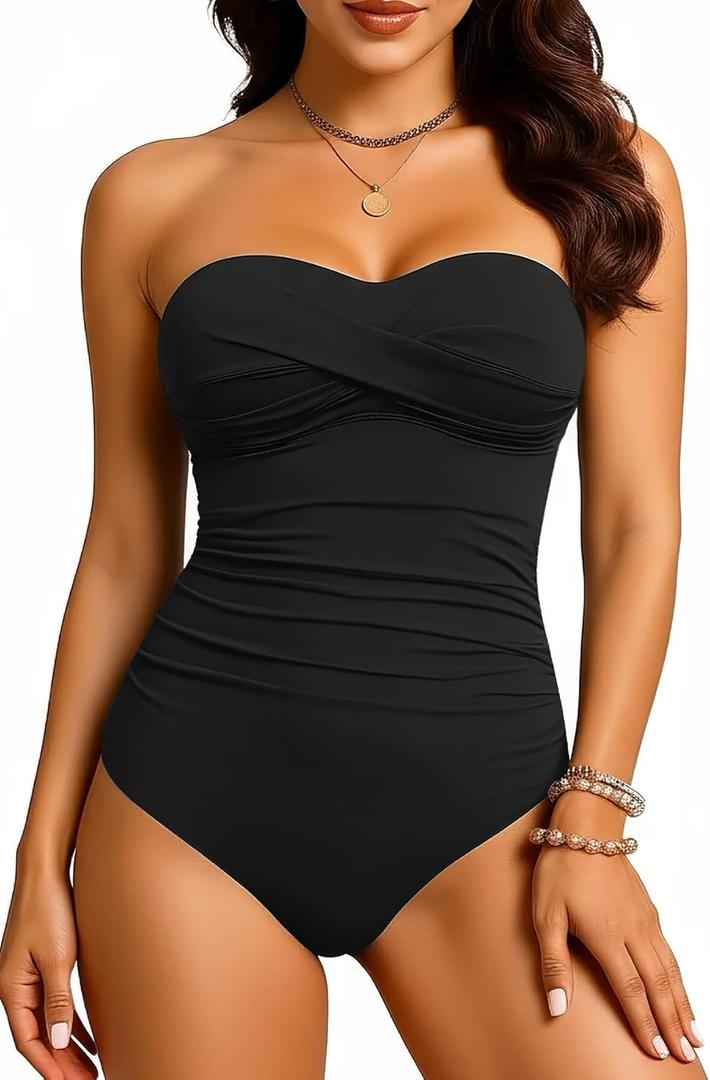 Yonique Womens Strapless One Piece Swimsuit Tummy Control Bandeau Bathing Suits Slimming Twist Front Swimwear (XX-Large, Black)