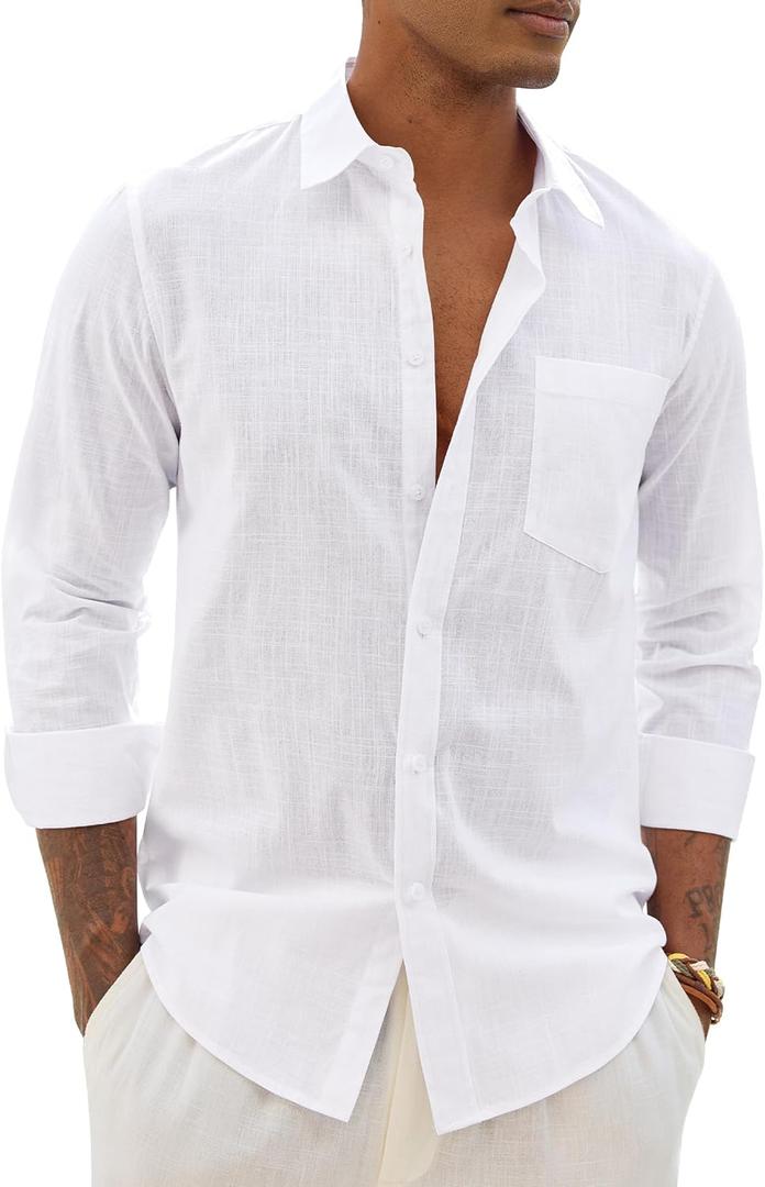Alimens & Gentle Mens Cotton Linen Textured Shirt Long Sleeve Button Down Shirts Casual Summer Beach Wedding Tops with Pocket (XX-Large, White)