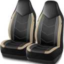 PIC AUTO Leather Car Seat Covers, Sports Carbon Fiber & Mesh Design, High-Back Two Front Set, Waterproof Automotive Seat Covers, Airbag Compatible, Universal Fit for Most Cars (Black & Beige)