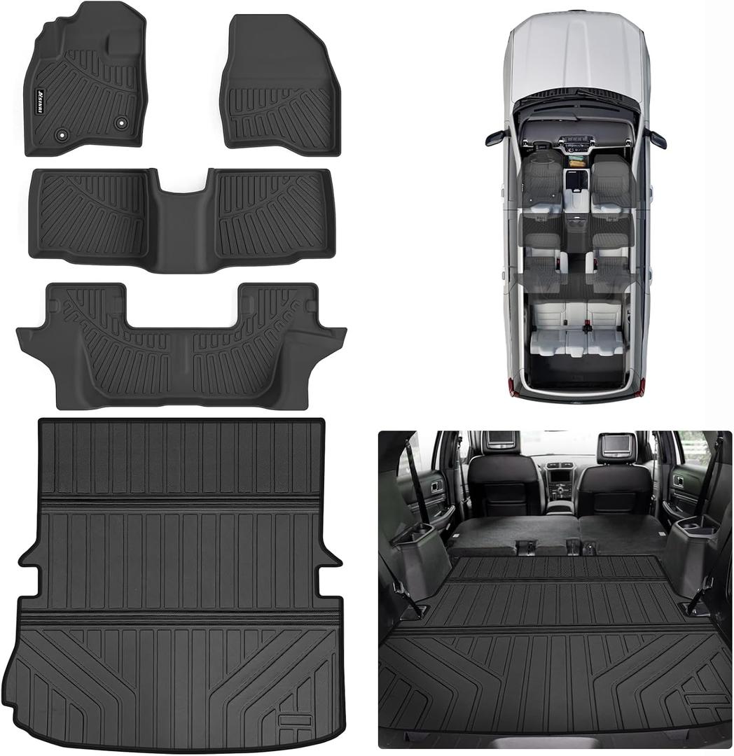 Floor Mats & Large Trunk Mat for 2015 2016 2017 2018 2019 Ford Explorer, TPE All Weather Protection Car Floor Liners with Cargo Liners & Backrest Mat Accessories