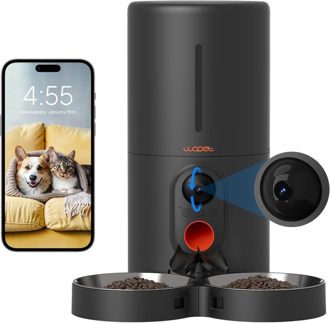 WOPET Automatic Cat Feeder with Camera for Two Cats, 6L Automatic Dog Feeder with HD Video and Night Vision, 5G/2.4G WiFi Pet Feeder for Cats & Dogs, SD Card Storage & 2-Way Audio (Black)