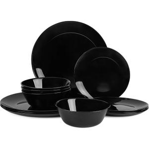 Dinnerware Sets for 4, LaGlint 12 Pieces Opal Glass Plates and Bowls Set, Dishwasher and Microwave Safe Dish Dinning Ware, Chip and Scratch Resistant Dishware Black