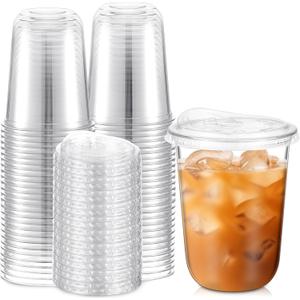 50 Sets 16 oz Clear Plastic Cups with Strawless Sip Lids, Thickened Clear Disposable Plastic PET Crystal Cups for Iced Coffee, Smoothie, Cold Beverage, Drink Shops and Party Catering