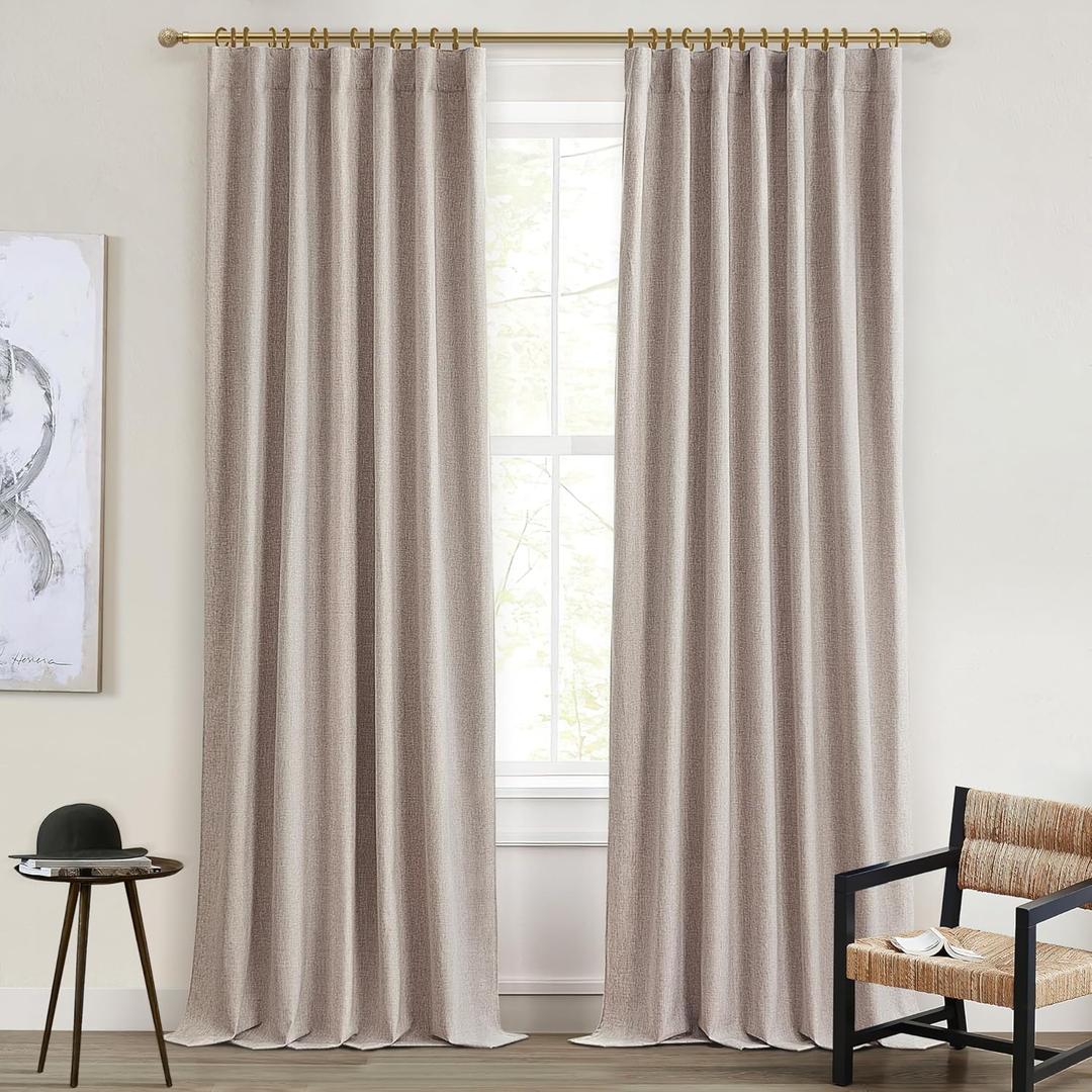 Flax Linen Curtains for Living Room 2 Panels Set, 8-3/4 ft Long Thick Burlap Look Decorative Blackout Curtains 105 inch Sound Drapes Noise Reducing Heavy Back Tab/Rod Pocket (W50 xL105)
