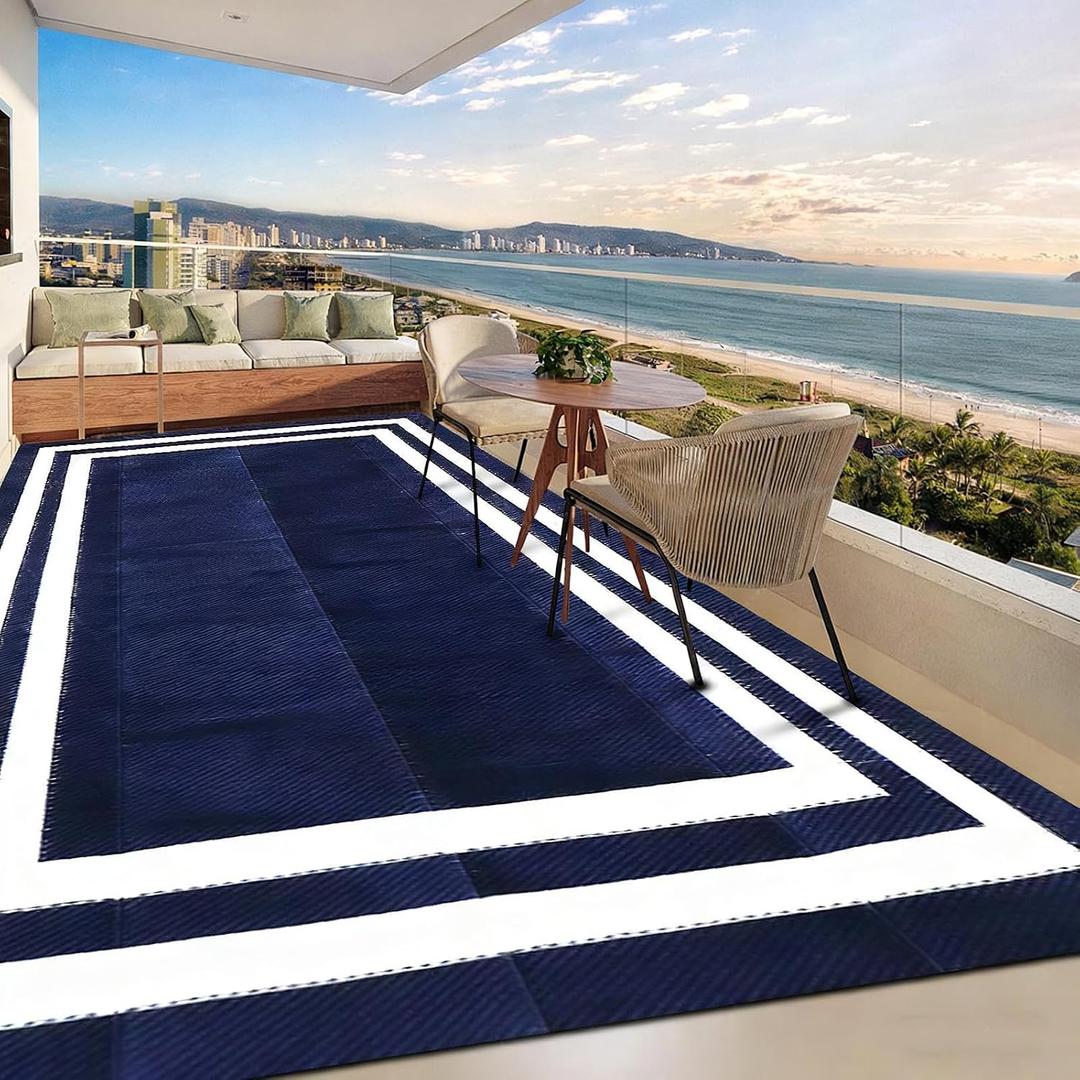 9'x 12' Outdoor Rug,Waterproof Reversible Patio Rugs,9x12 ft Plastic Straw Outdoor Carpet Foldable Plastic Camping Mat for Outside RV, Patio,Picnic,Camper,Balcony,Porch(Navy Blue &White)