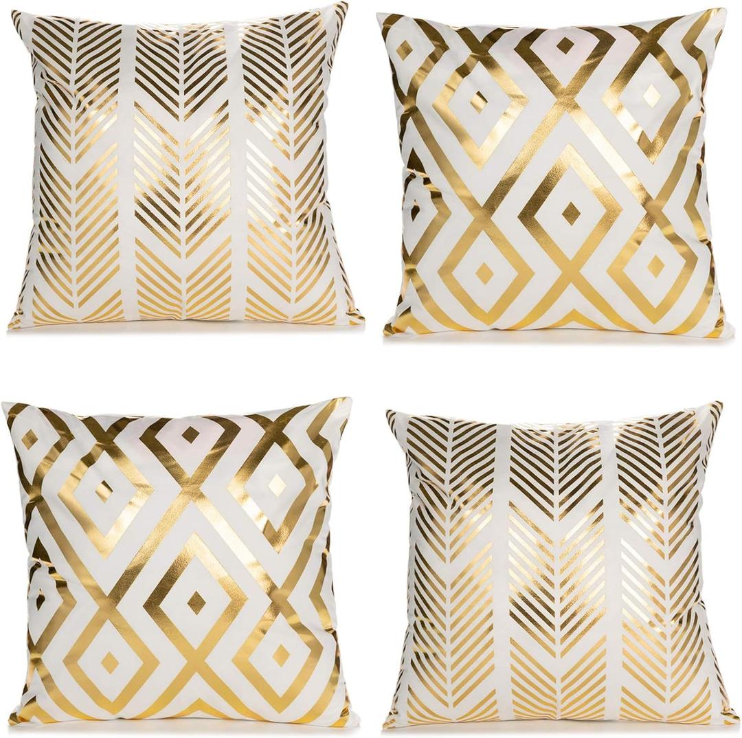 ZLINA Home Decorative Set of 4 Throw Pillow Covers Gold Foil Pillow Covers 18 18 Inch Geometric Square Cushion Covers Decor Couch Sofa Bedroom(White and Gold)