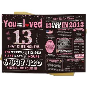 ICOOLYI 13th Birthday Card Gifts for Daughter, Niece, Granddaughter, 13th Birthday Decorations for Girls, Large Birthday Card for 13 Year Old, Funny Back in 2013 Birthday Card, Rose Pink Gold (WY-190)
