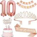 10th Birthday Decorations Set, Including 10th Tiara and Sash, Happy Birthday Banner, Cake Toppers, Number Candles and Balloons Set, Rose Gold