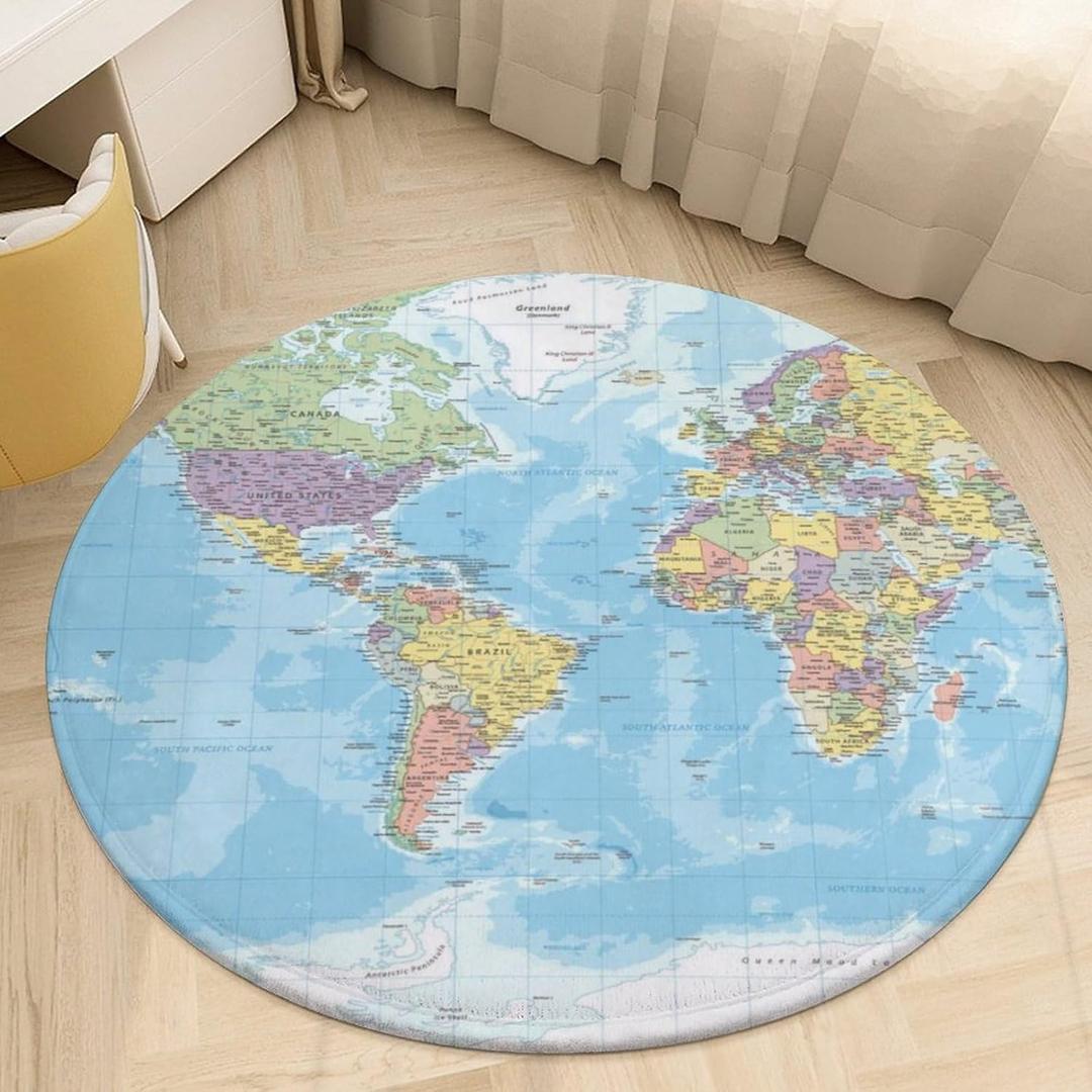 World Map Round Rug,4x4 Circle Area Rug for Kid's Bedroom, Soft Circular Rug for Kids Play Room, Non-Slip Home Decor Carpet for Teen's Room