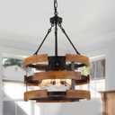 5-Light Round Rustic Chandelier Light Fixture, Farmhouse Hanging Pendant Lighting with 3-Tier Circular Metal Nature Wood Frame Drum Lights for Kitchen Island Entryway Dining Room