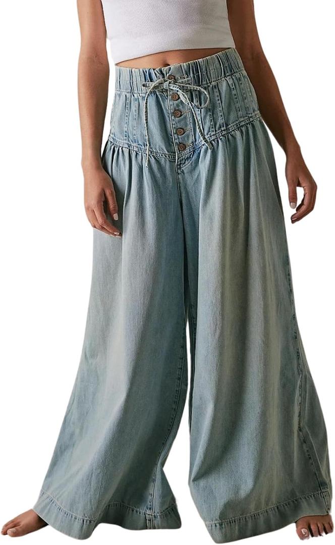 CHARTOU Women's Baggy Wide Leg Denim Pants Drawstring Midi Waisted Flare Jeans Ruffle Pleated Button Jeans (Medium)