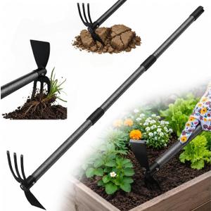 Heavy Duty 2-In-1 Garden Hoe with 3 Tine Cultivator Rake, Carbon Steel Sharp Weeding Tool with 45"Adjustable Handle For Weed Removal & Soil Loosening In Raised Beds, Flower & Vegetable Gardens