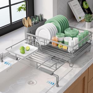 Kitsure Extendable Dish Drying Rack - Rust-Resistant Dish Racks for Kitchen Counter with Adjustable Support Legs, Cutlery Holder & Removable Draining Tray (Grey, 15.6''-25.2''L  16.9''W  8.1''H) (Gray)