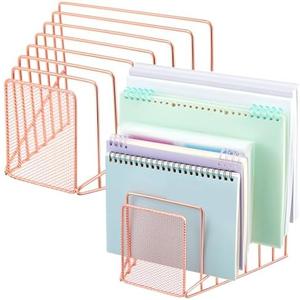 Chivertion 2 Pcs 7 Slot Incline File Sorter Metal Wire Mesh File Racks for Desktop Letter Sorter for Magazine Folder Book Organizer Home Office School Paper Mail Desk Storage Holder (Rose Gold)
