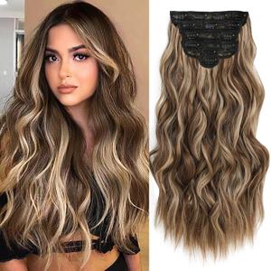 Clip in Hair Extensions for Women, Brown with Blonde Highlights, 20 Inch 6PCS Hairpieces Long Wavy soft Thick Hair Extensions clip ins