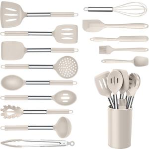Onader Silicone Cooking Utensils Set of 15, Kitchen Utensils Set with Holder for Nonstick Cookware, 446F Heat Resistant Stainless Steel Handle - Khaki