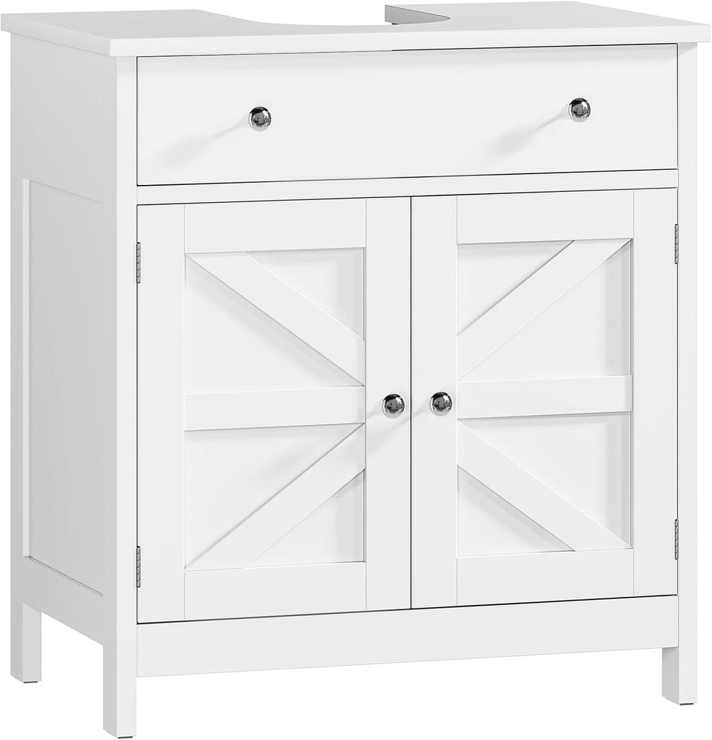 TEENFON Pedestal Sink Storage Cabinet with 2 Barn Doors and Drawer, Bathroom Sink Cabinet with U-Shape Cut-Out, Pedestal Sink Cabinet, White