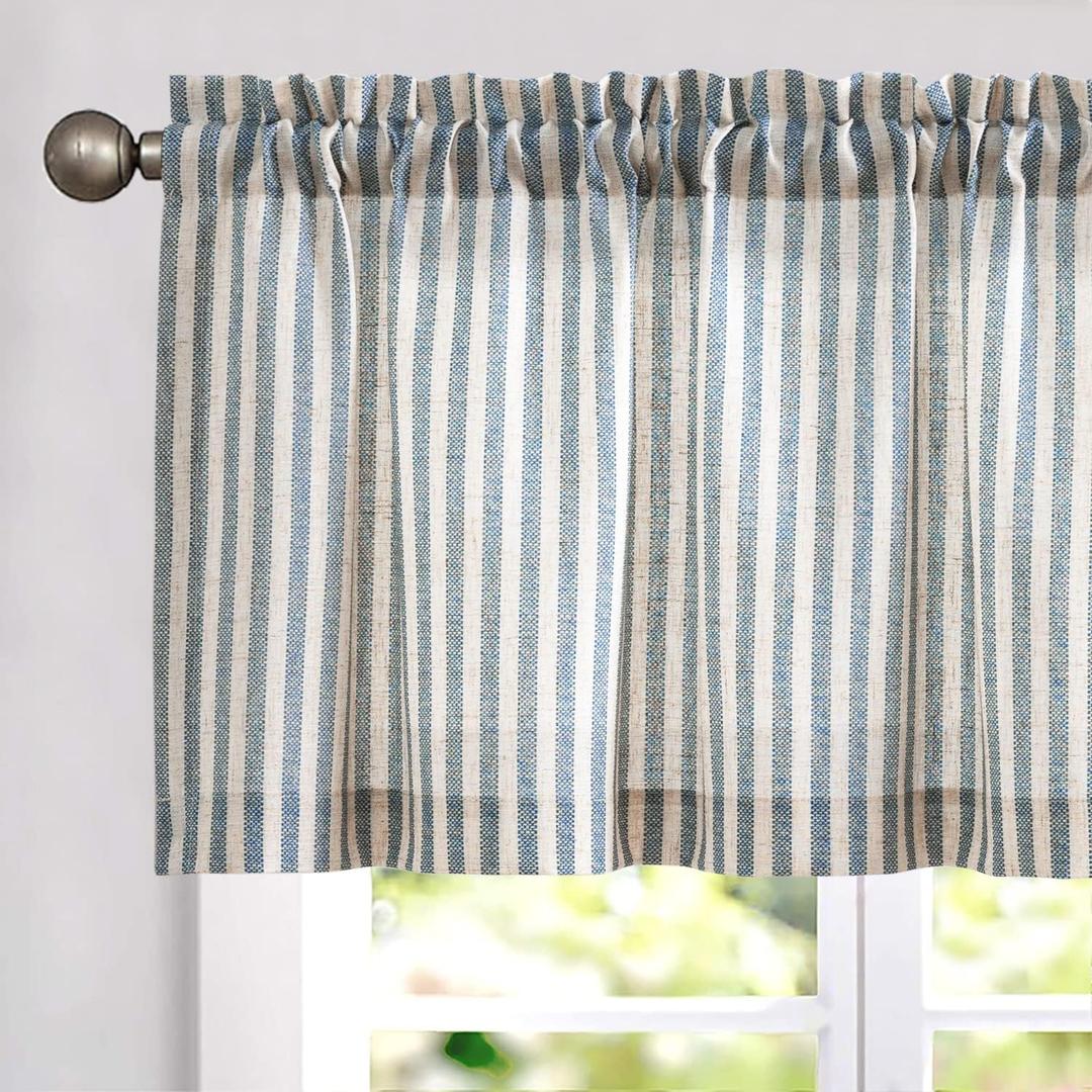 jinchan Valance Curtain Linen Textured Striped Window Curtain for Living Room Light Filtering Farmhouse Valance for Kitchen Rod Pocket 1 Panel 16 Inch Blue on Linen 1 Panel