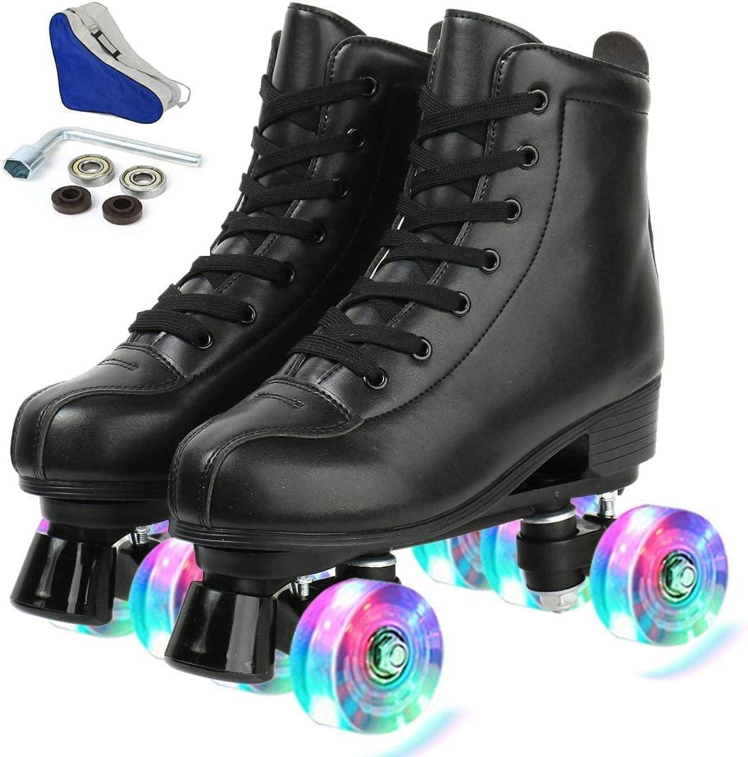 Jessie PU Leather Skates - Premium Adjustable Four-Wheel Roller Skates for Women, Men, Boys & Girls - Indoor & Outdoor (35-Women's 5/ Youth 4, flash wheel)
