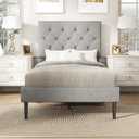 Twin Size Platform Bed Frame with Upholstered Headboard, Button Tufted Design, No Box Spring Needed, Light Grey