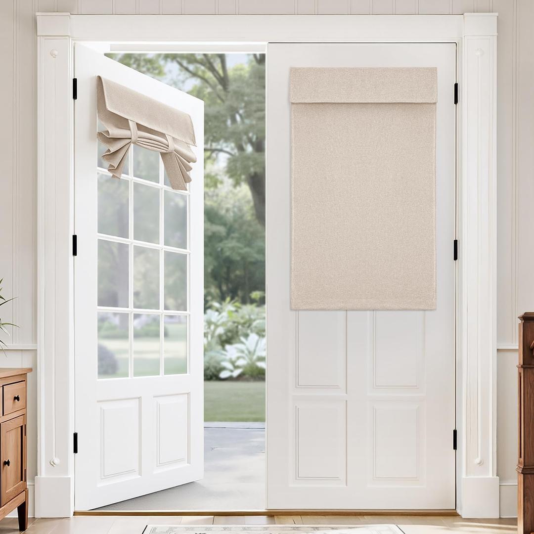 MIULEE 2 Panels 100% Linen Blackout French Door Curtains Set of 2, No Drill Privacy Door Blinds for Classroom Kitchen Glass Window Covering,Thermal Insulated Room Darkening,W26 x L40 Inch, Natural