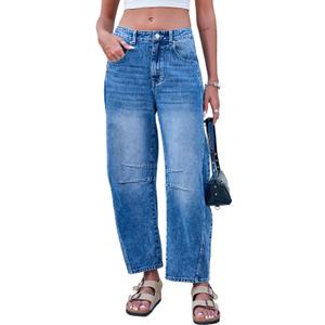 Mid Rise Barrel Jeans for Women Wide Leg Mid Waist Cropped Denim Pants Y2k Baggy Boyfriend Jeans with Pockets (Large, Dark Blue)