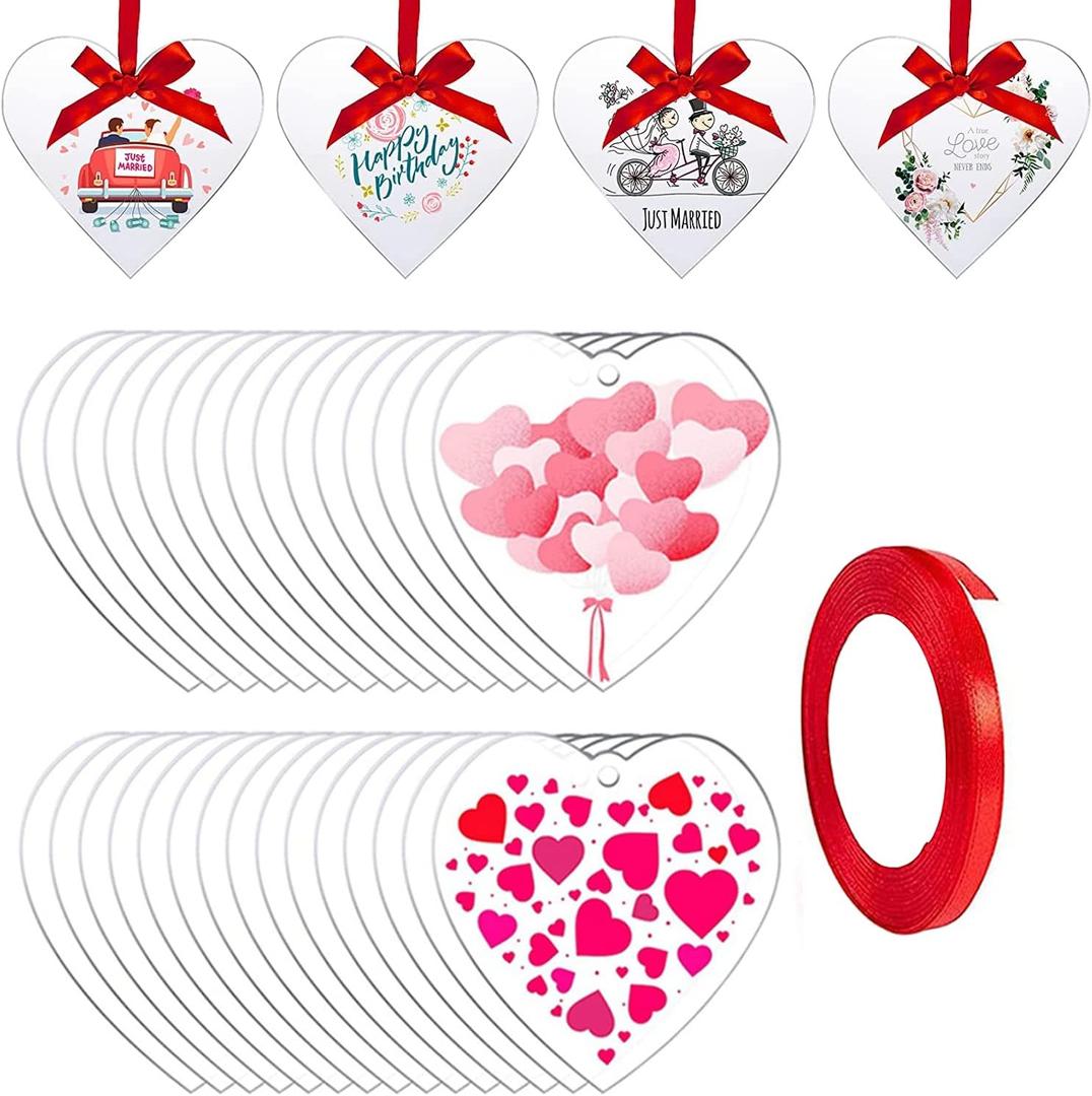 30 Pcs Blank Acrylic Heart Ornament Bulk, Valentine's Day Clear Plexiglass Hanging Decorations Transparent Pendent with Hole, Heart Acrylic Discs for Keychain Craft DIY Gift Tags Wedding (3in)