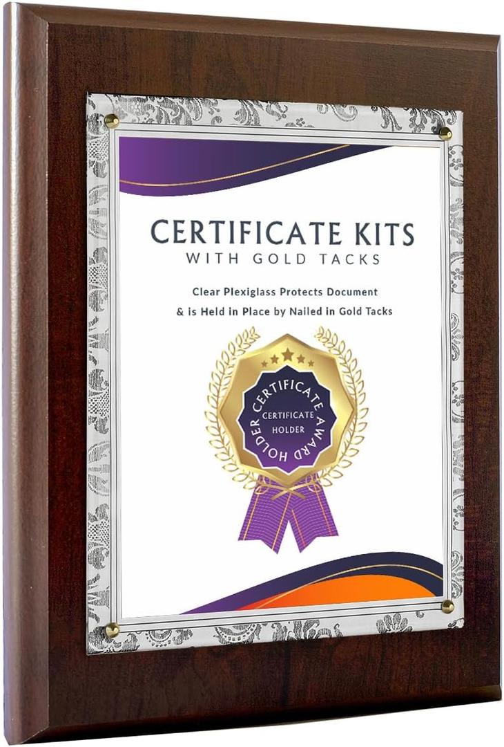 10.5 x 13" Certificate Plaque - Offered in Cherry Wood with an 8.5 x 11" Clear Plexi and Gold Tacks - Easily Display Your Diploma, Sports Certificate or Award