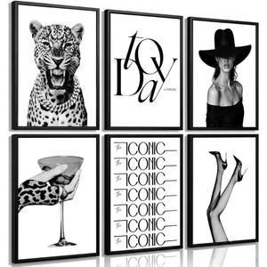 6Pcs Black White Trendy Leopard Wall Art Fashion Woman Cheetah Wall Decor Prints Long Legs High Heels Pictures Paintings Vintage Martini Artwork for Living room Home Decoration 12x16in Unframed