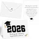 Motipuns 100 Sets Black 2026 Graduation Thank You Cards with Envelopes and Stickers Pre-printed Message Bulk Appreciation Notes College Greeting Card for Guest Family Teacher Classmate