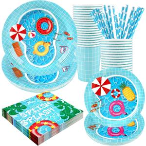 Pool Party Supplies Decorations, Disposable Summer Kids Birthday Paper Plates and Napkins Set with Cups and Straws for 24 Guests, 120 Pcs Beach Party Dessert Dinnerwares