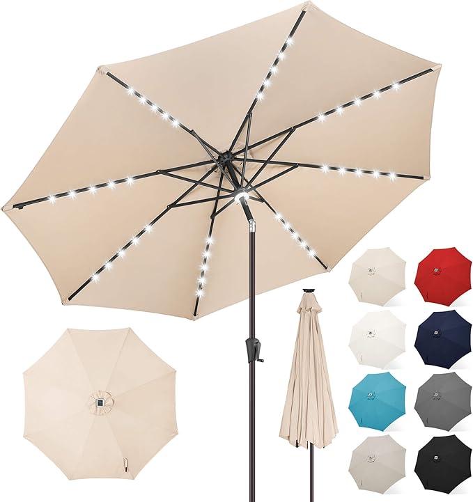 FLAME&SHADE 11 FT outdoor umbrella with 40LED lights, solar light patio umbrella with Centre Surround Light, Table Market Umbrella Outdoor Patiofor Deck, Pool, Backyard, Garden (Beige)