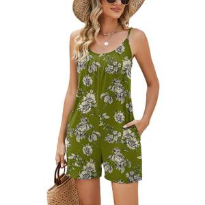 LOMON Womens Casual Summer Sleeveless Romper Loose Adjustable Spaghetti Strap Stretchy Shorts Jumpsuits with Pockets (Green, L)