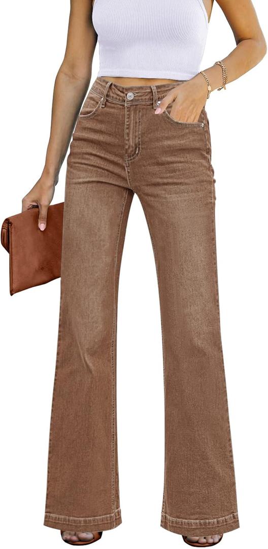 GRAPENT Womens Flare Jeans High Waisted Wide Leg Baggy Jean for Women Stretch Denim Pants (Large, Pecan Brown)