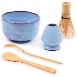 BambooMN Matcha Bowl Set (Includes Bowl, Rest, Tea Whisk, Chasaku & Tea Spoon) 1 Set Shimmering Blue